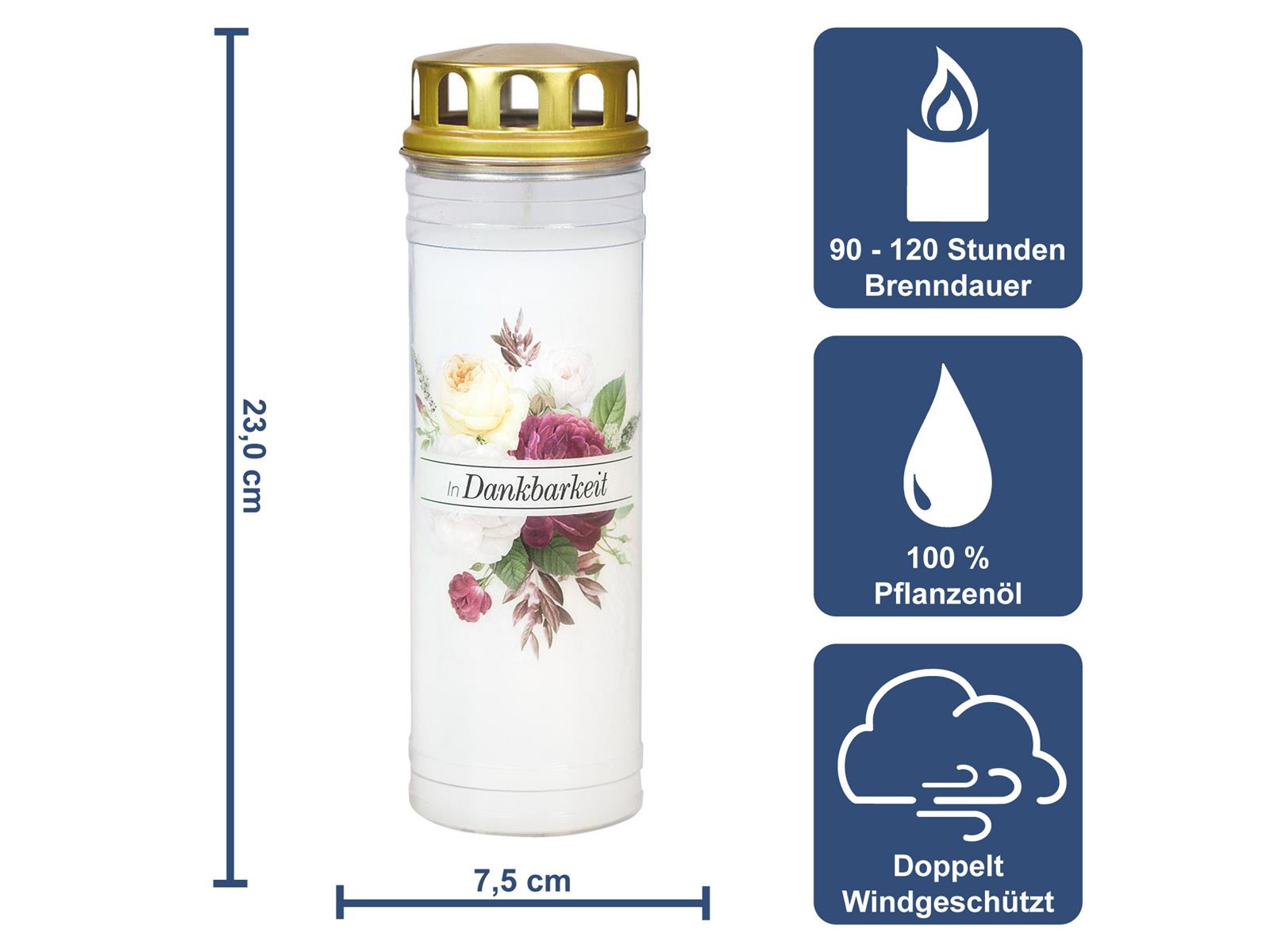 Ewiglicht mit Deckel Rose, Motiv "In Dankbarkeit"