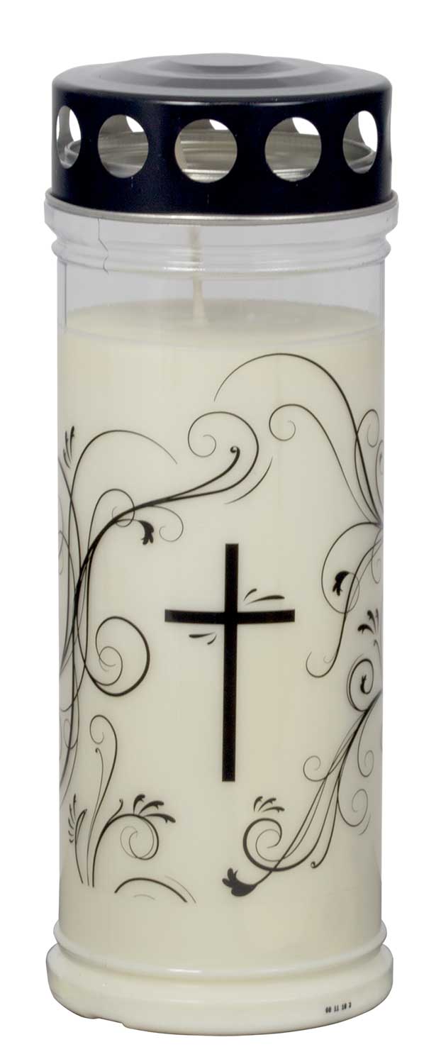 Grabkerze - Gedenkkerze Weiß mit "Black Ornament" Dauerbrenner 7 Tage