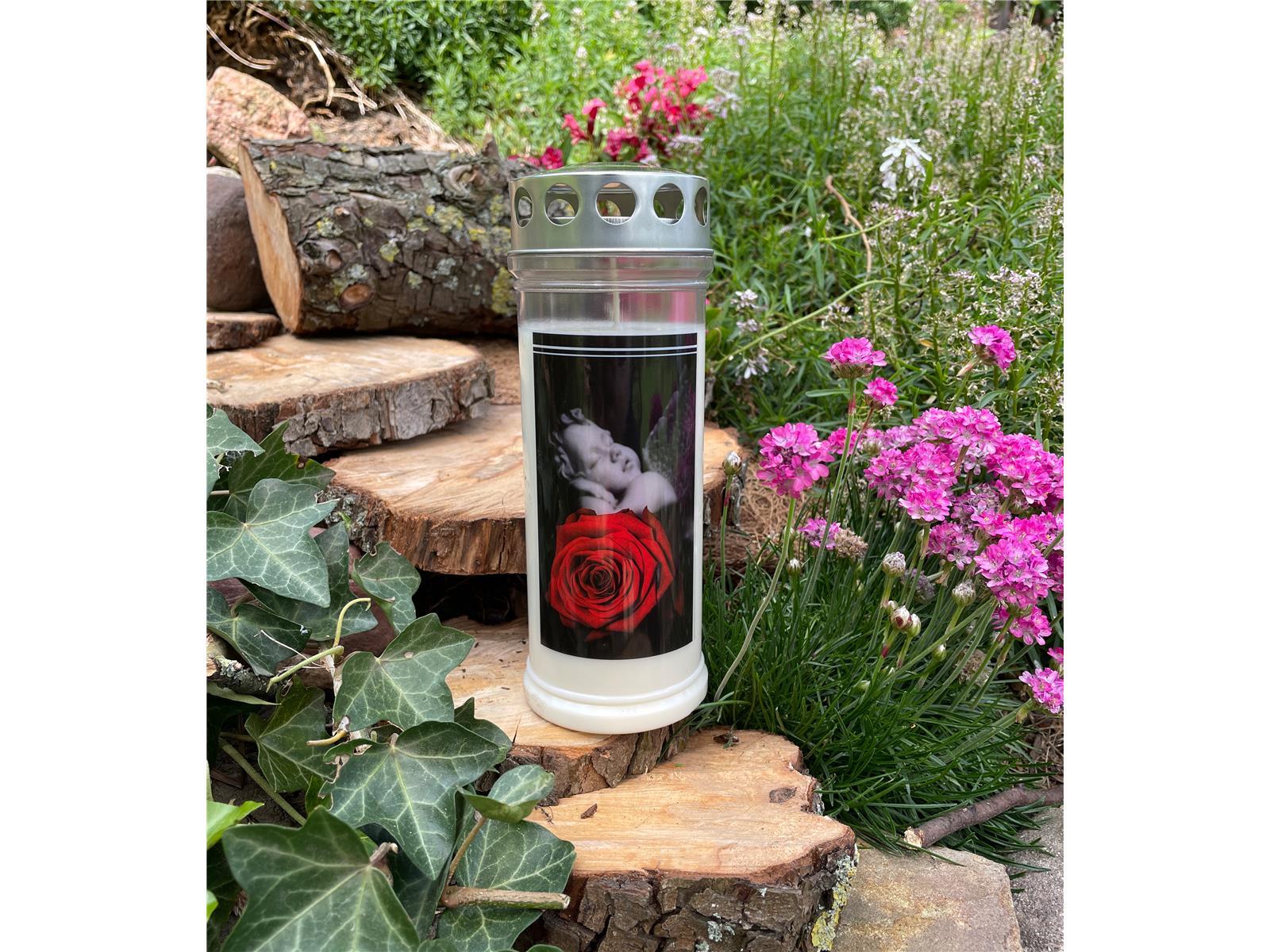 Grabkerze - Gedenkkerze Motiv "Rose/Engel"