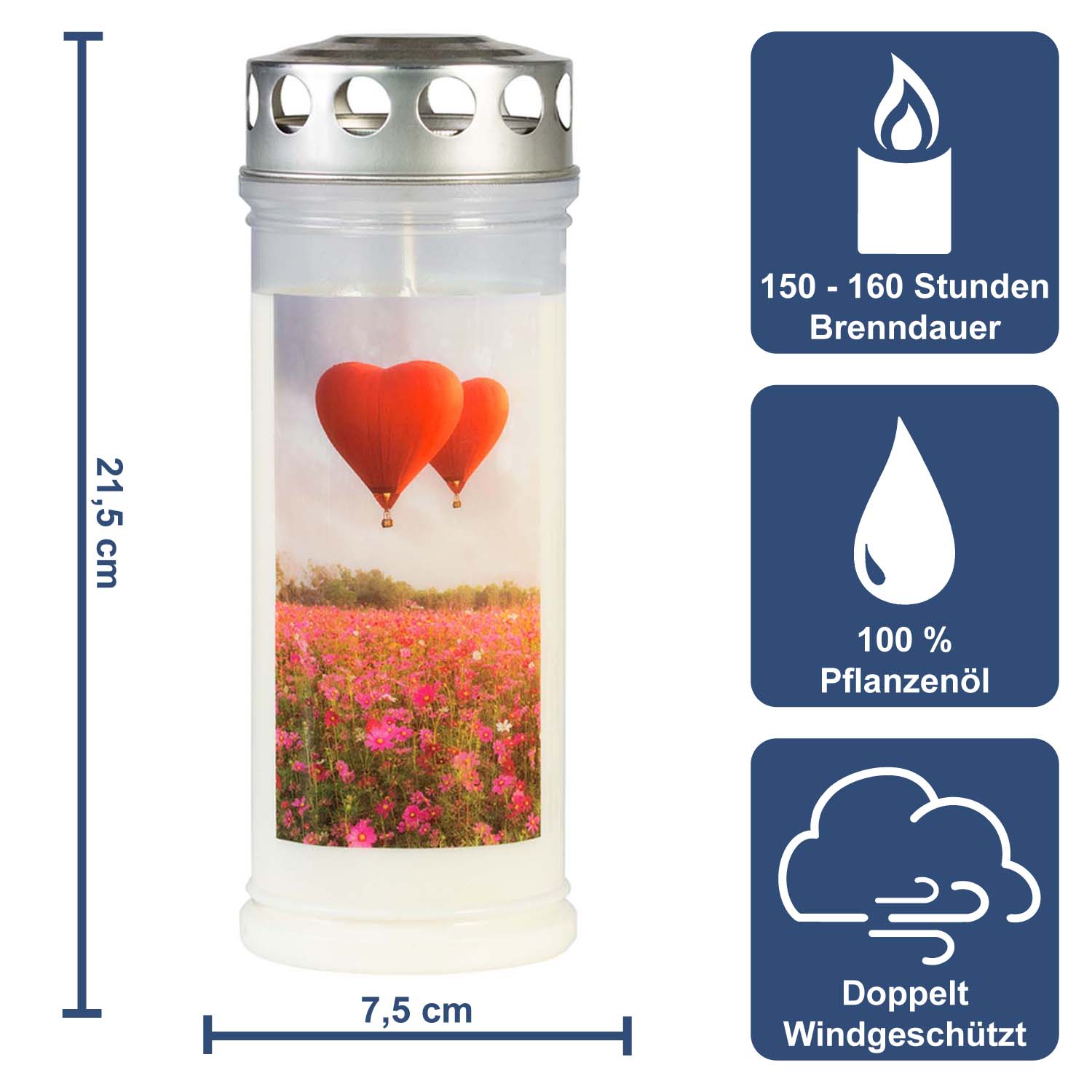 Grabkerze - Gedenkkerze Motiv "Blumenwiese/Ballon"