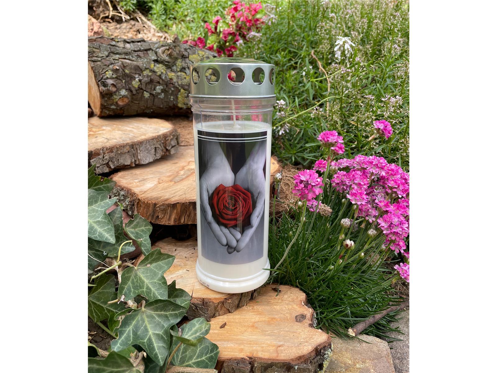 Grabkerze - Gedenkkerze Motiv "Rose/Hand"