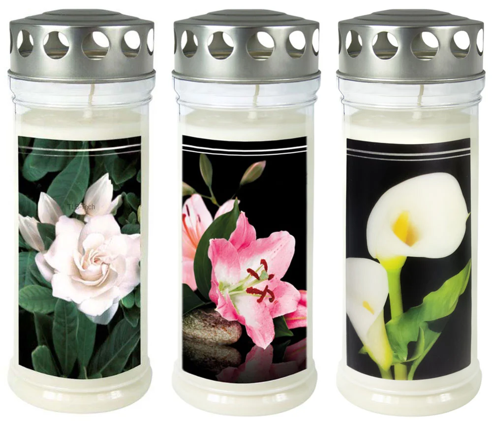 3 Grabkerzen - Set Blumen - Grablicht -  Gedenkkerze - Dauerbrenner 150-160 Std.