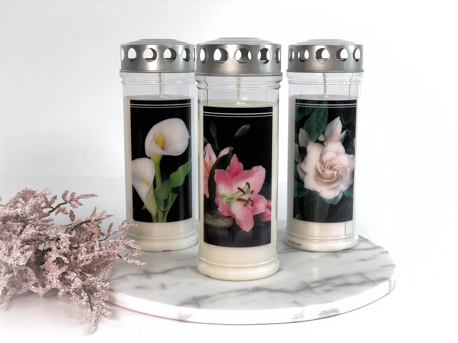 3 Grabkerzen - Set Blumen - Grablicht -  Gedenkkerze - Dauerbrenner 150-160 Std.