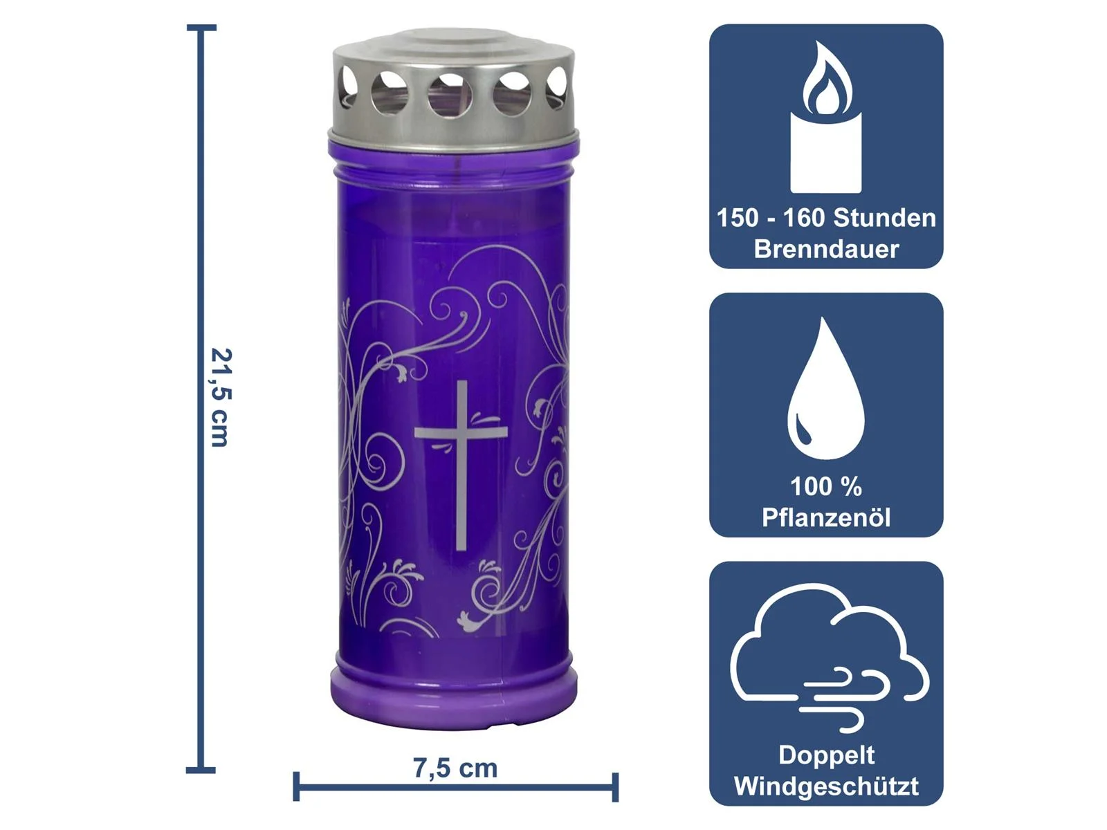 Grabkerze - Gedenkkerze Lila mit "Silber Ornament" Dauerbrenner 7 Tage