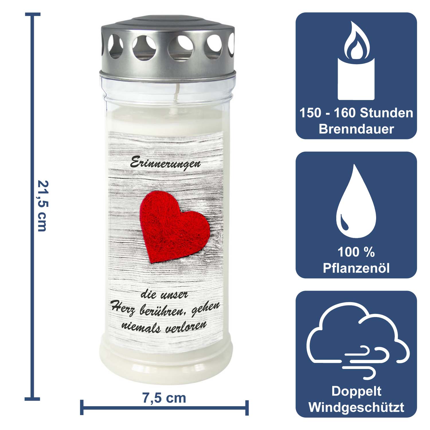 Grabkerze - Gedenkkerze Motiv "Herz" Dauerbrenner 7 Tag