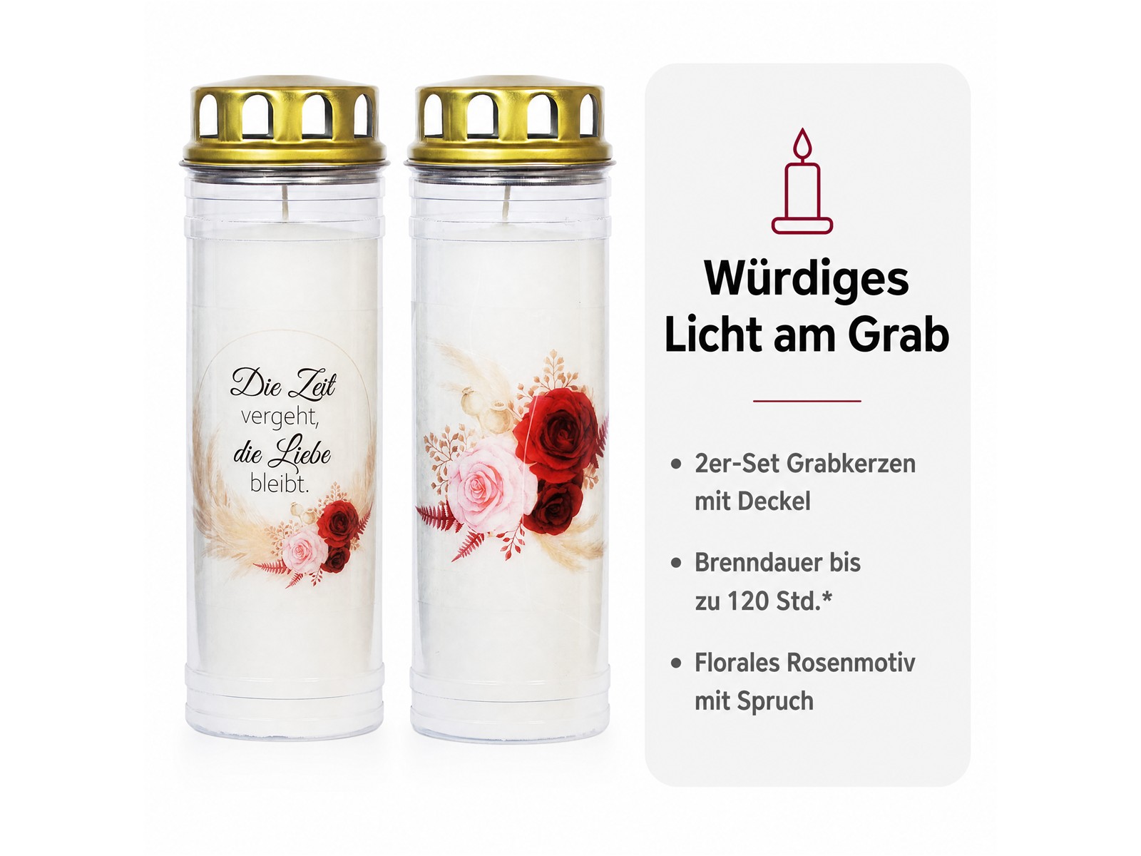 2 Grabkerzen - Ewiglicht - Grablicht - Set Rose
