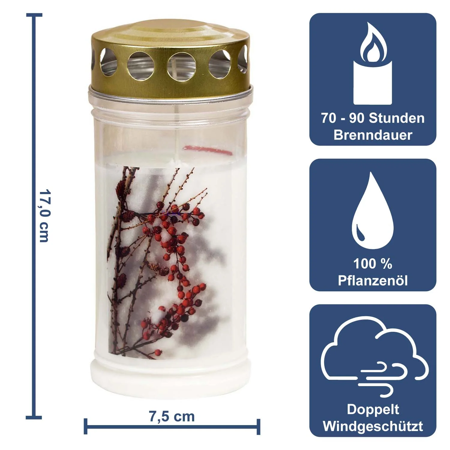 Grabkerze - Gedenkkerze Motiv "Beeren" Dauerbrenner 70-90 Std.