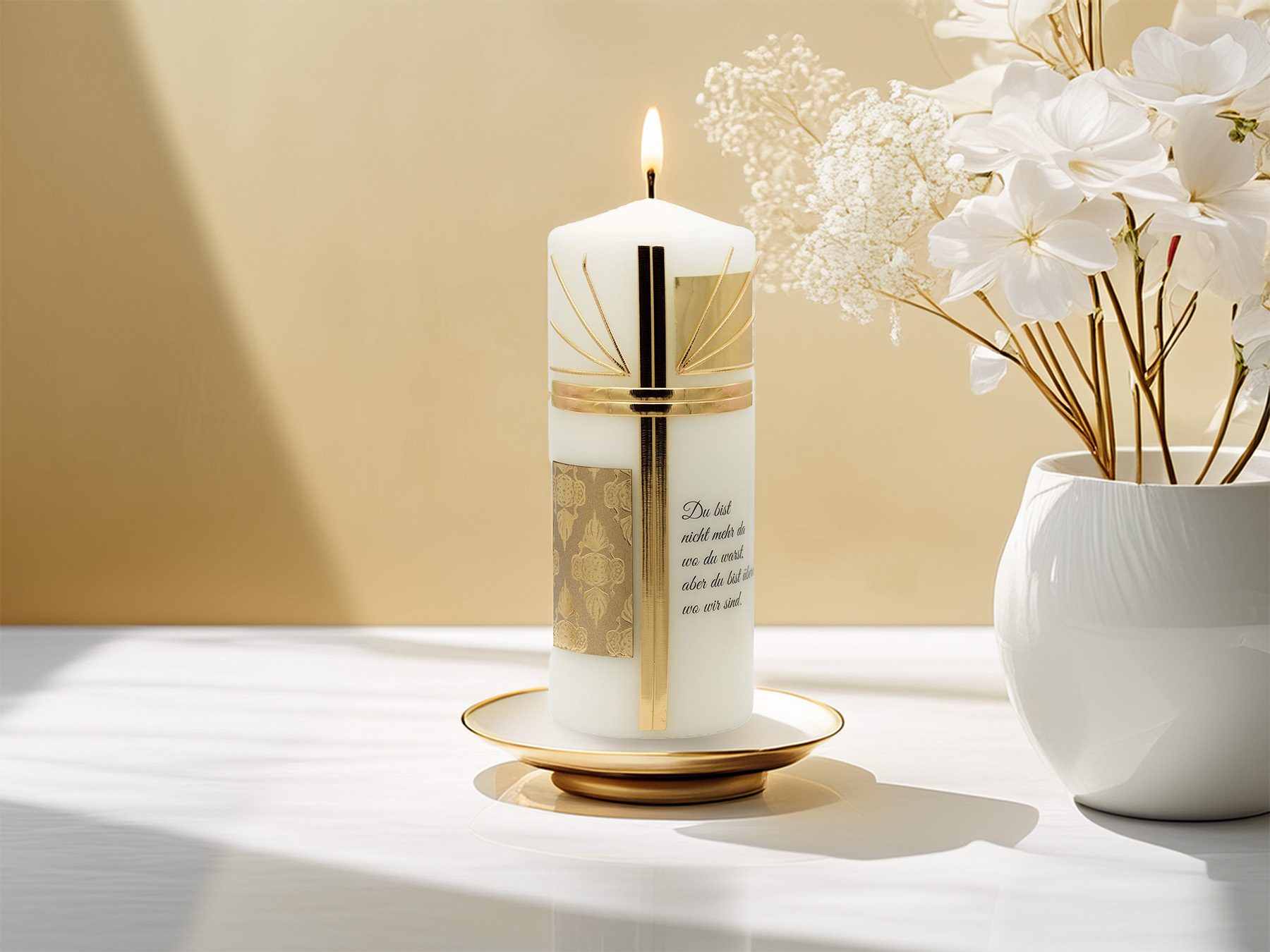 Trauerkerze – „Du bist nicht mehr da, wo du warst…“ – Liebevolle Erinnerung in warmem Ivory
