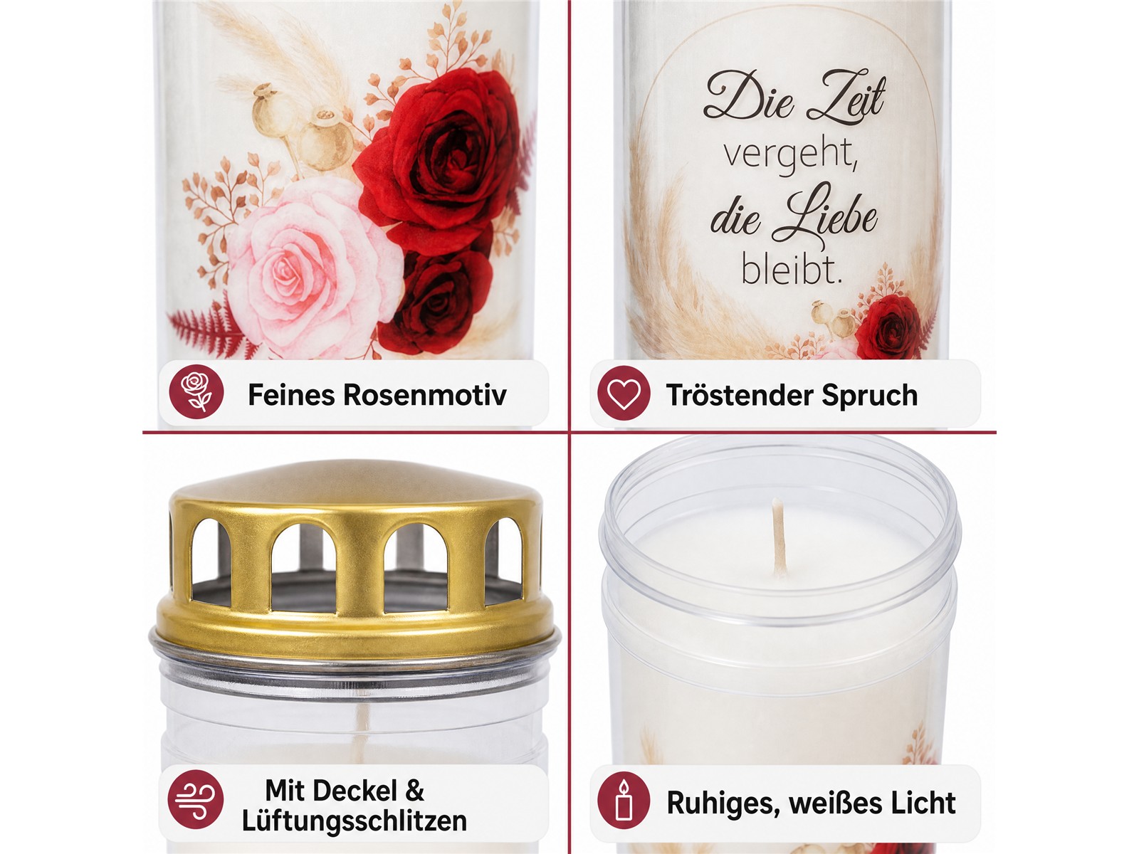 2 Grabkerzen - Ewiglicht - Grablicht - Set Rose