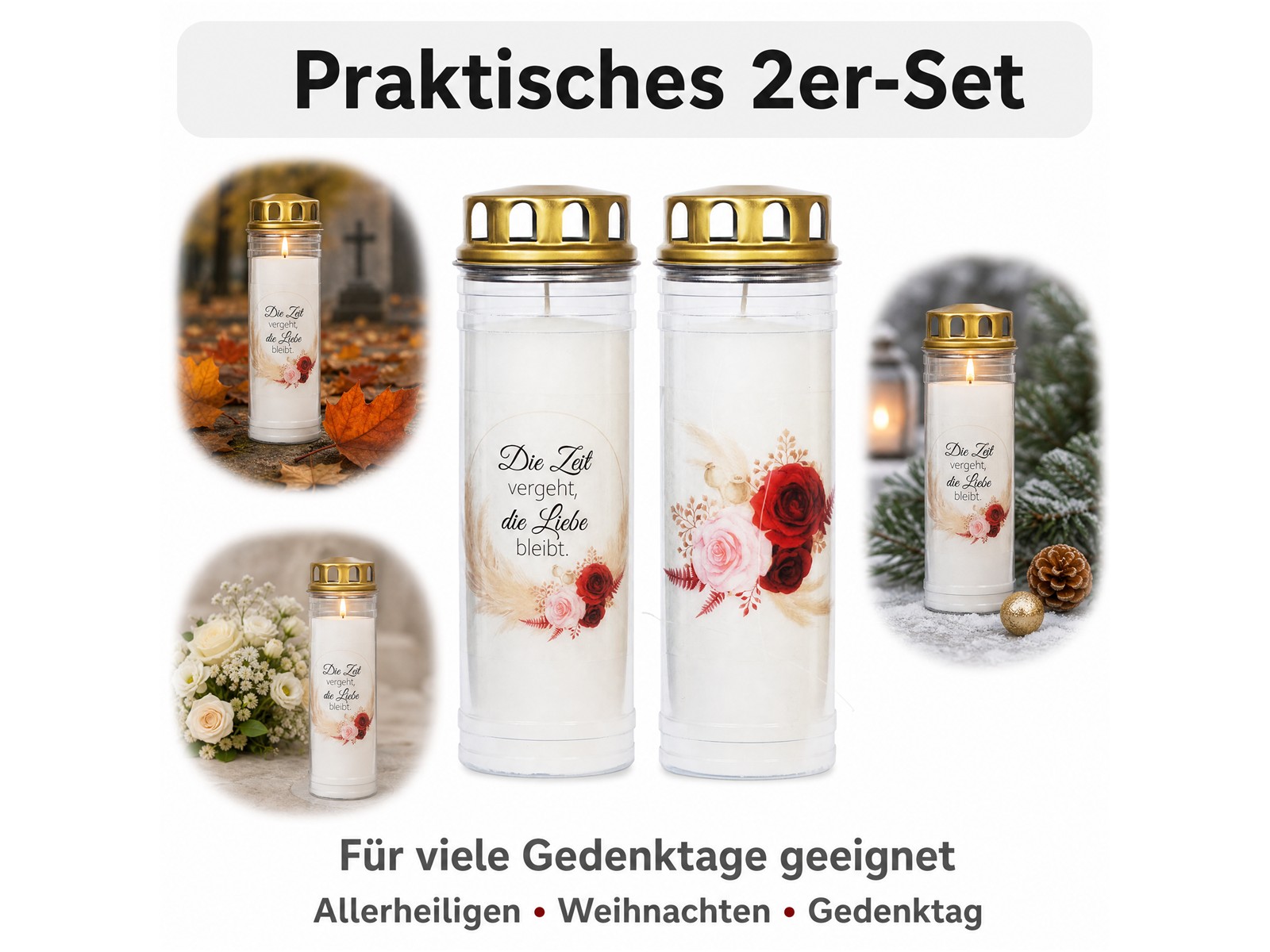 2 Grabkerzen - Ewiglicht - Grablicht - Set Rose