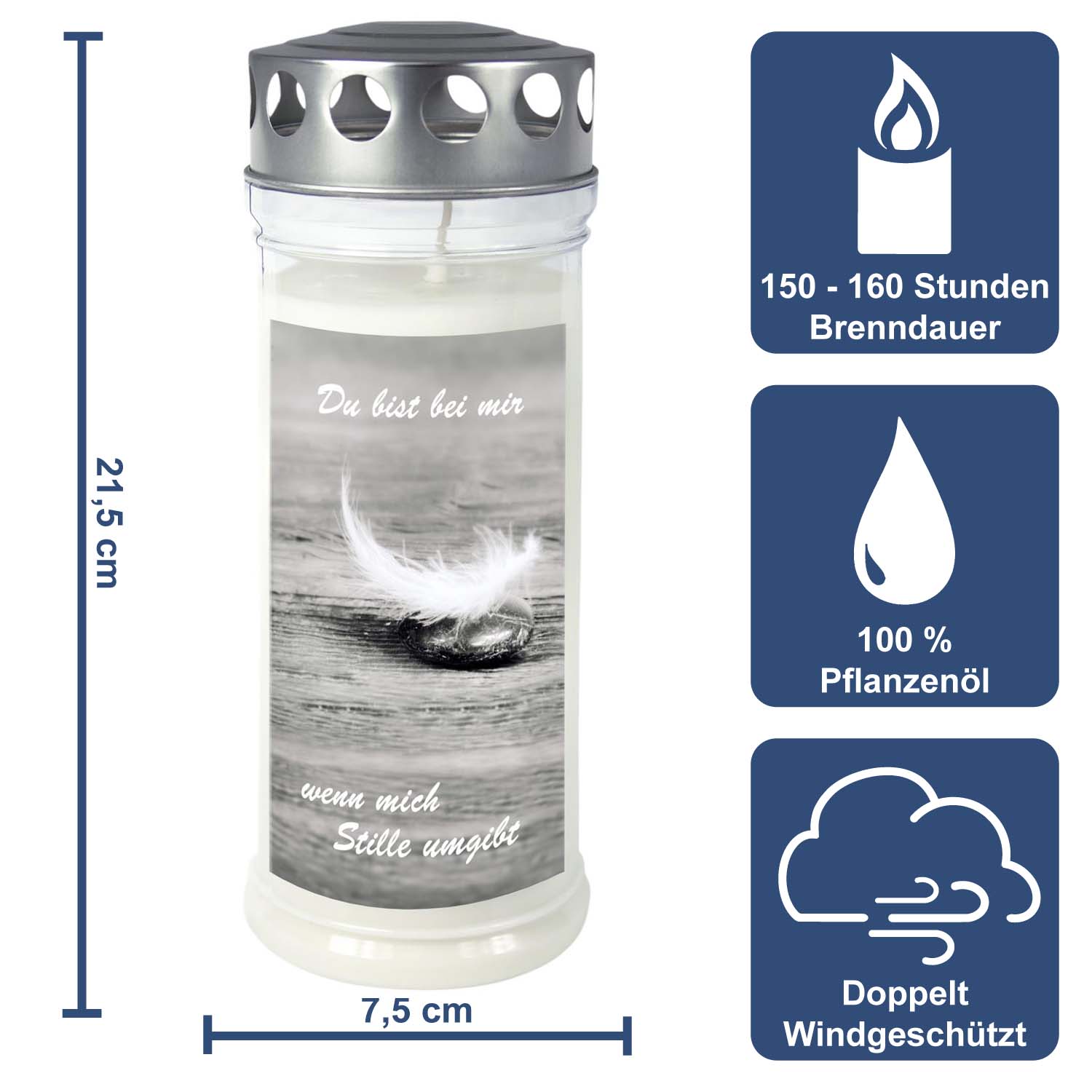 Grabkerze - Gedenkkerze Motiv "Feder/Stein" Dauerbrenner 7 Tage