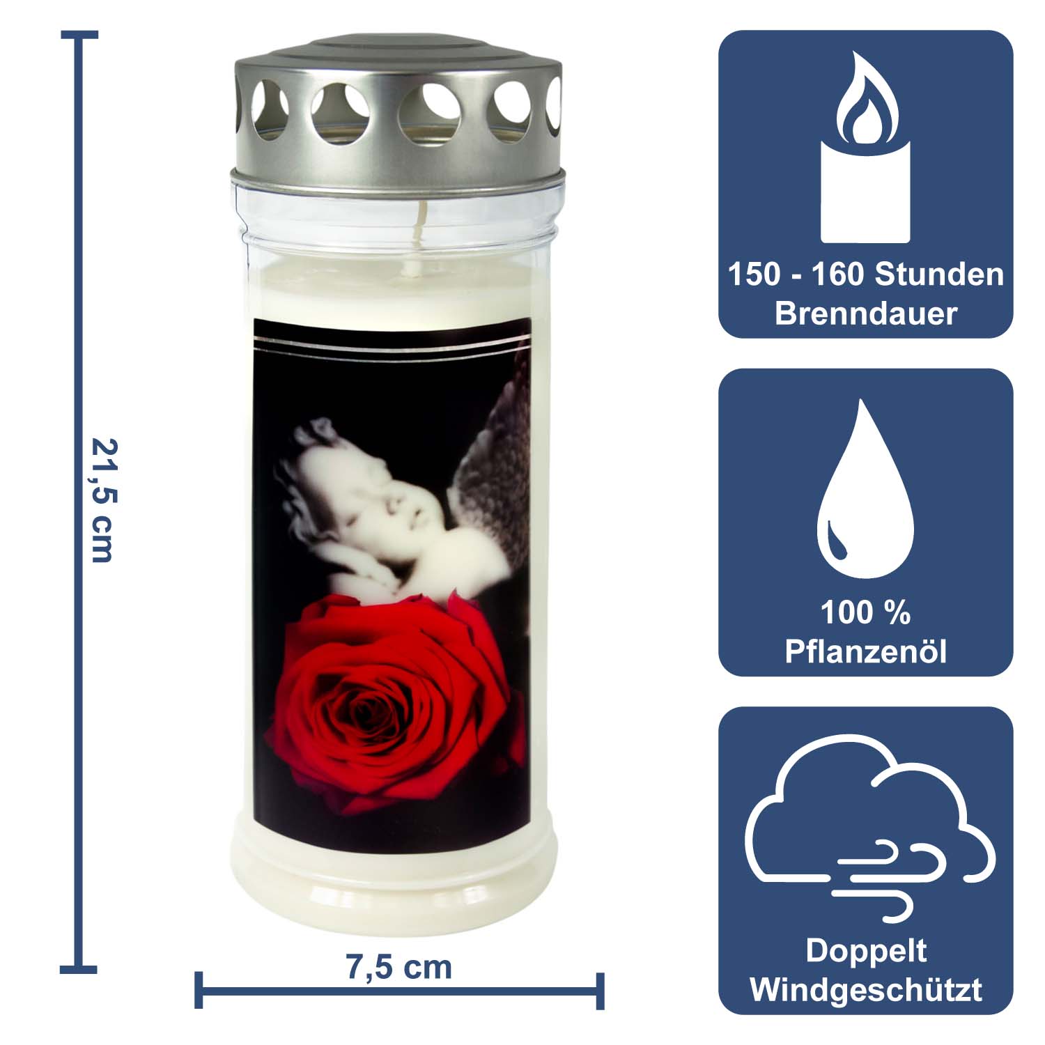 Grabkerze - Gedenkkerze Motiv "Rose/Engel"
