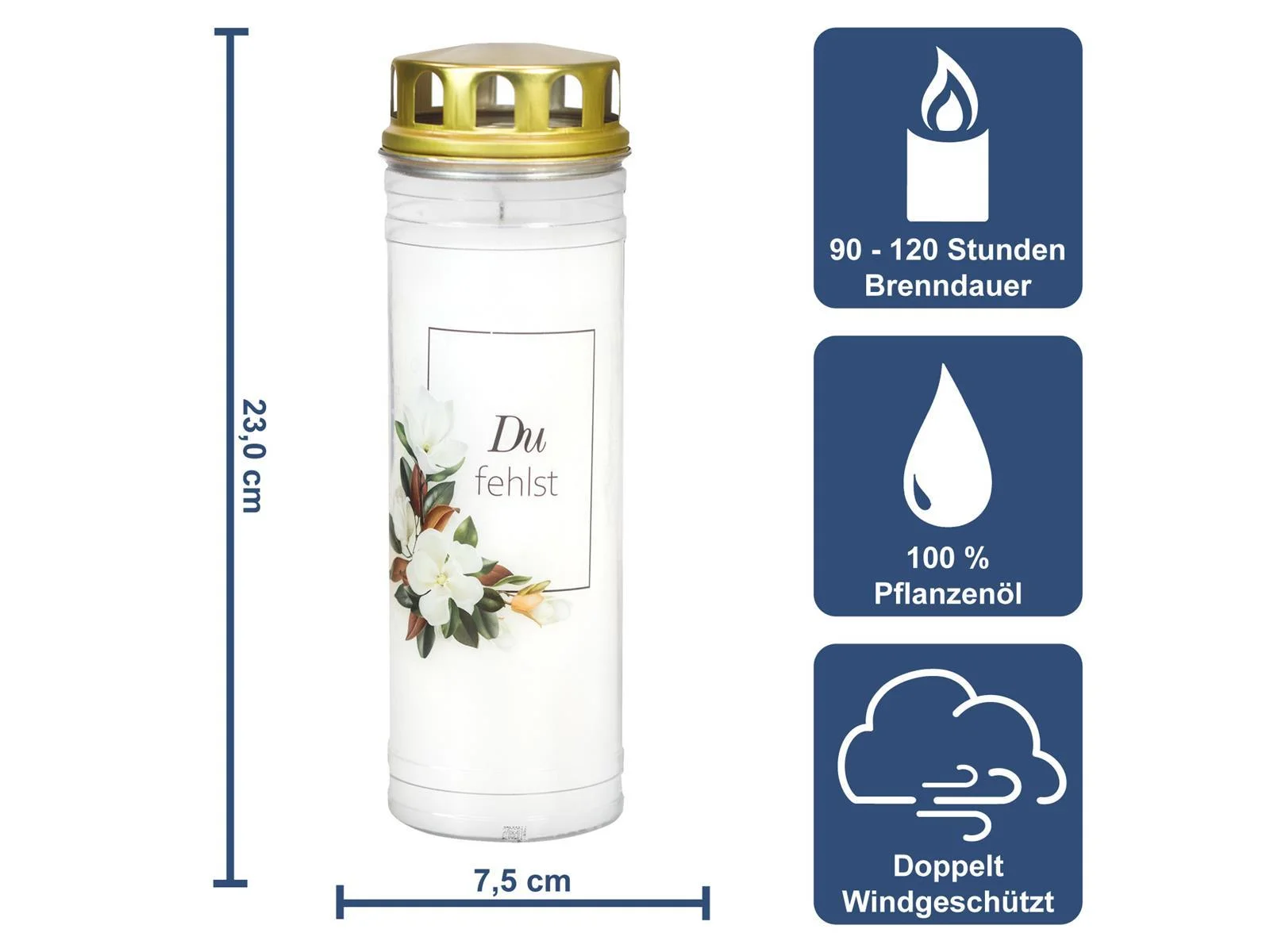 4 Grabkerzen - Ewiglicht - Grablicht - Motivkerze mit floralem Motiv