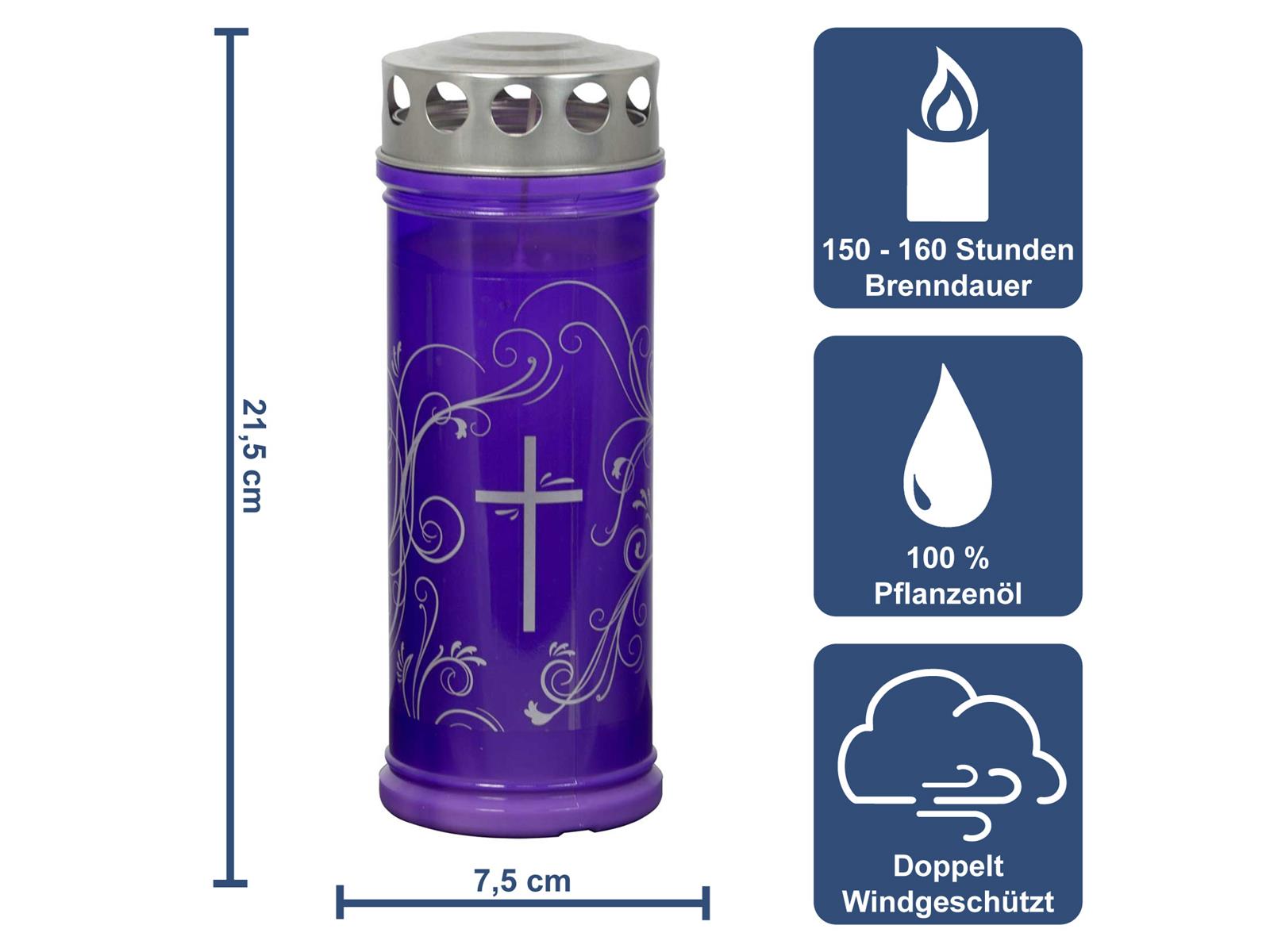 Grabkerze - Gedenkkerze Lila mit "Silber Ornament" Dauerbrenner 7 Tage