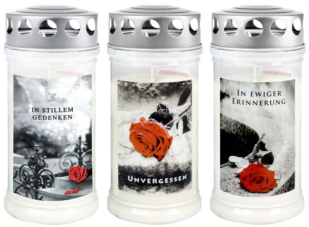 3 Grabkerzen - Set Rosen - Grablicht - Gedenkkerze - Dauerbrenner 70-90 Std.