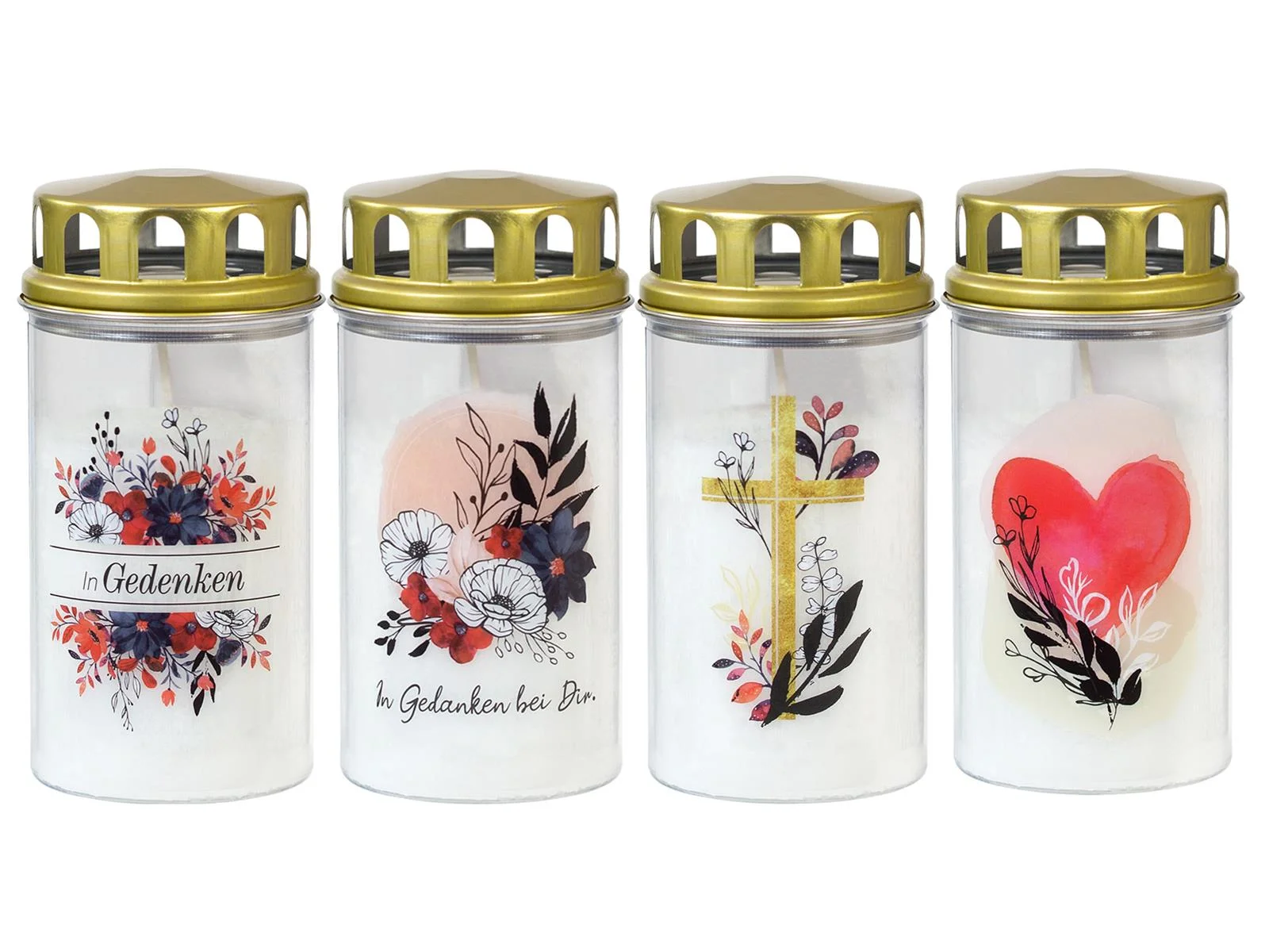 4 Grabkerzen klein - Ewiglicht - Grablicht - Motivkerze mit floralem Motiv
