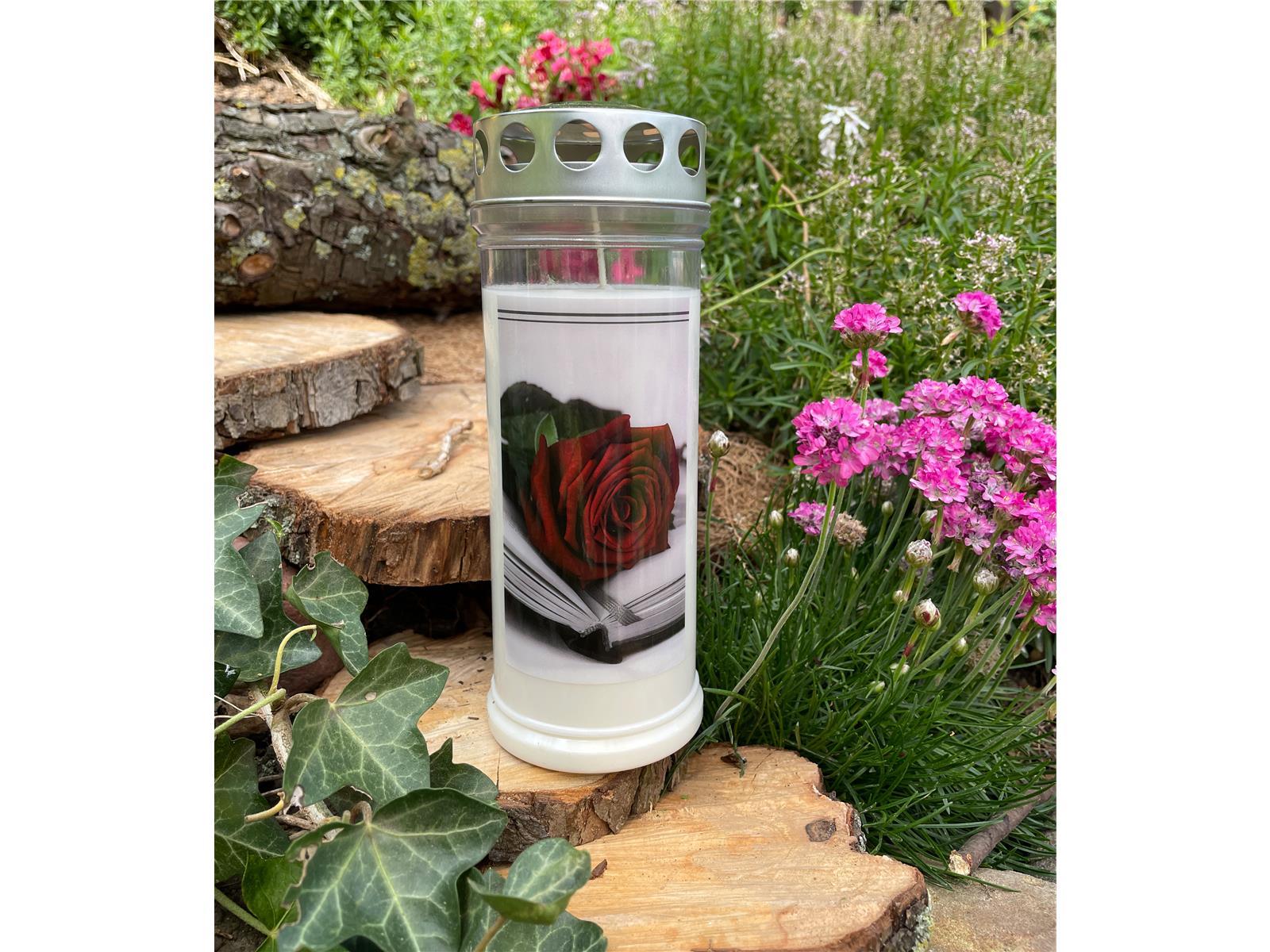 Grabkerze - Gedenkkerze Motiv "Rose/Buch"