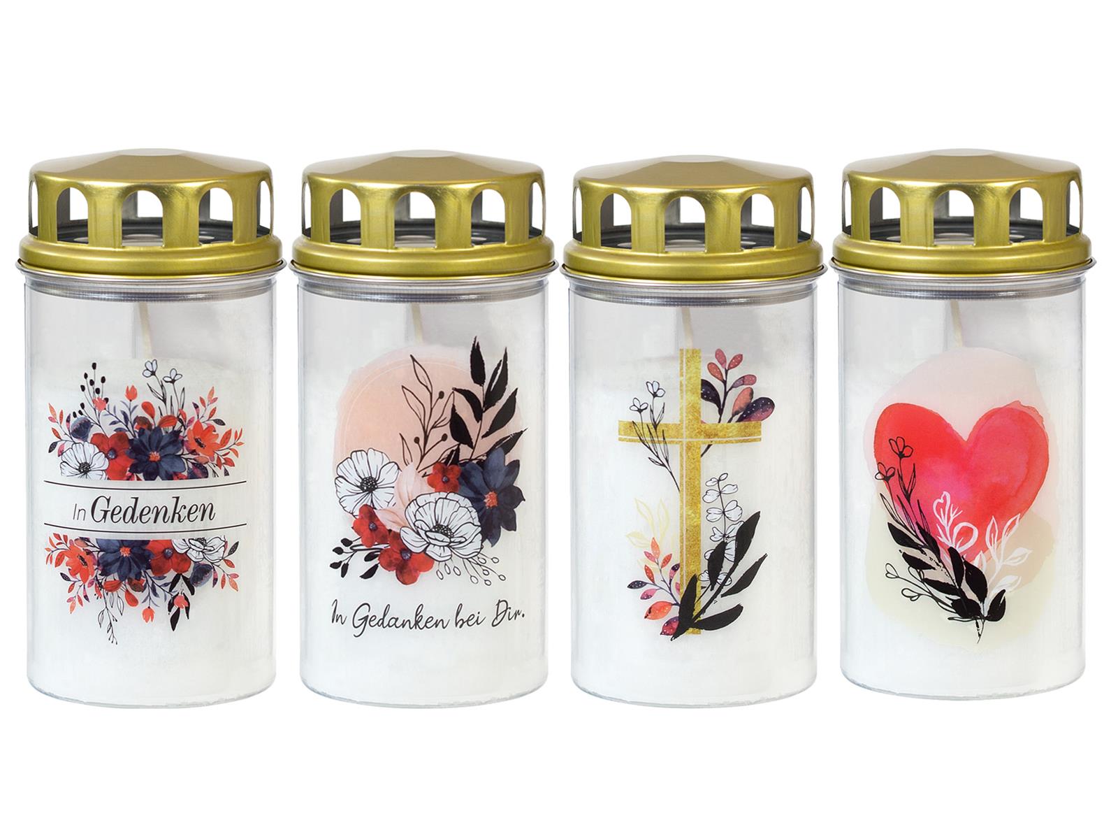 4 Grabkerzen klein - Ewiglicht - Grablicht - Motivkerze mit floralem Motiv