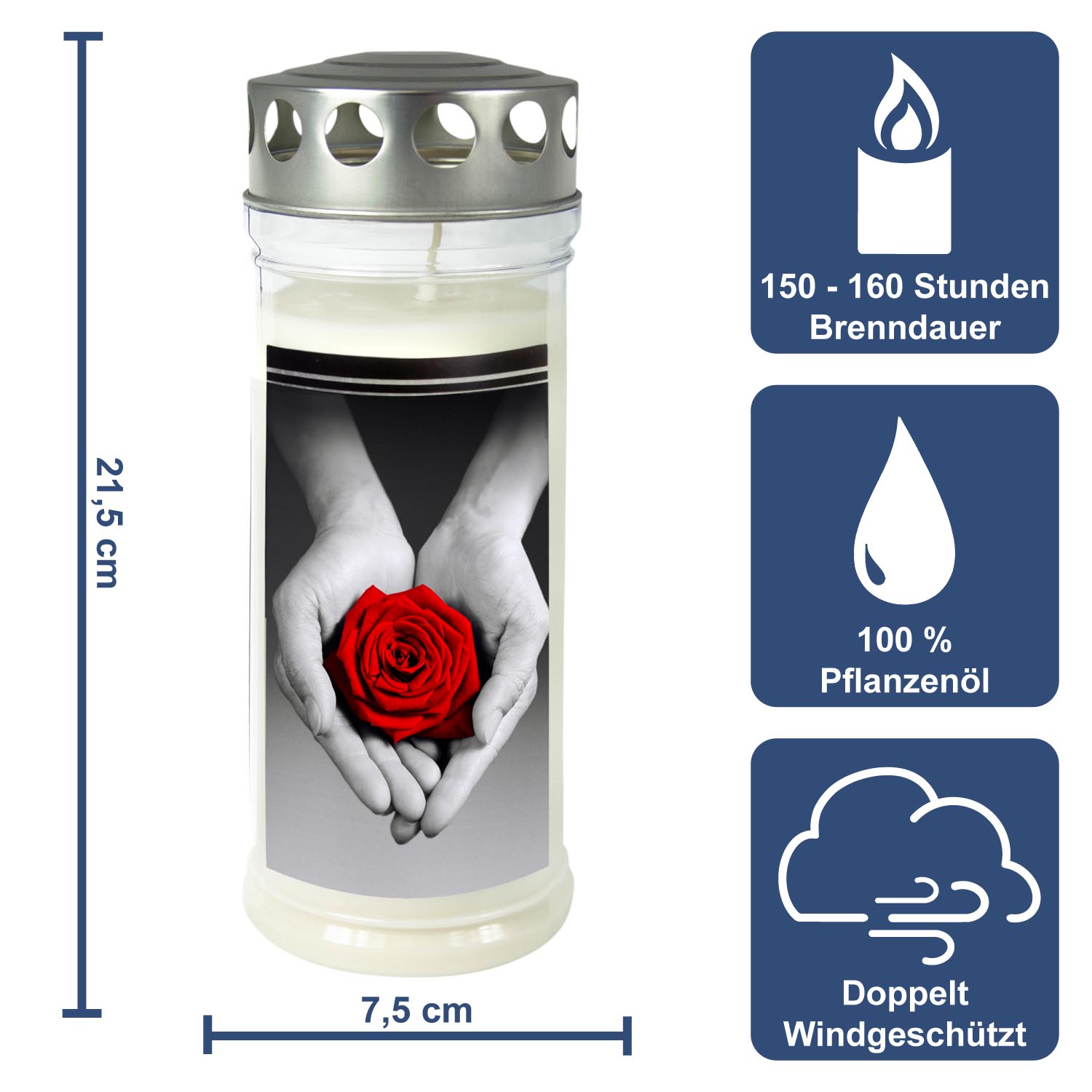 Grabkerze - Gedenkkerze Motiv "Rose/Hand"