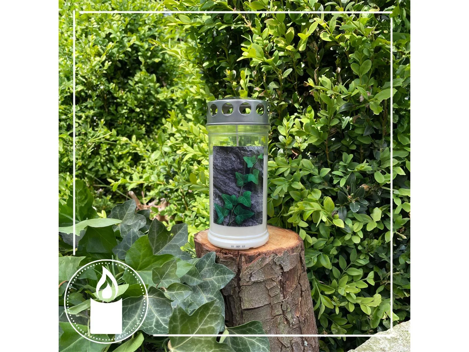 Grabkerze - Gedenkkerze Motiv "Efeu auf Stein"