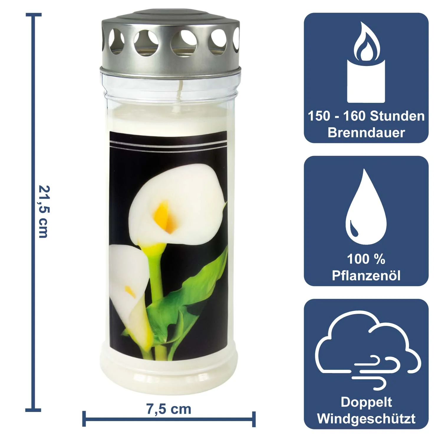 3 Grabkerzen - Set Blumen - Grablicht -  Gedenkkerze - Dauerbrenner 150-160 Std.