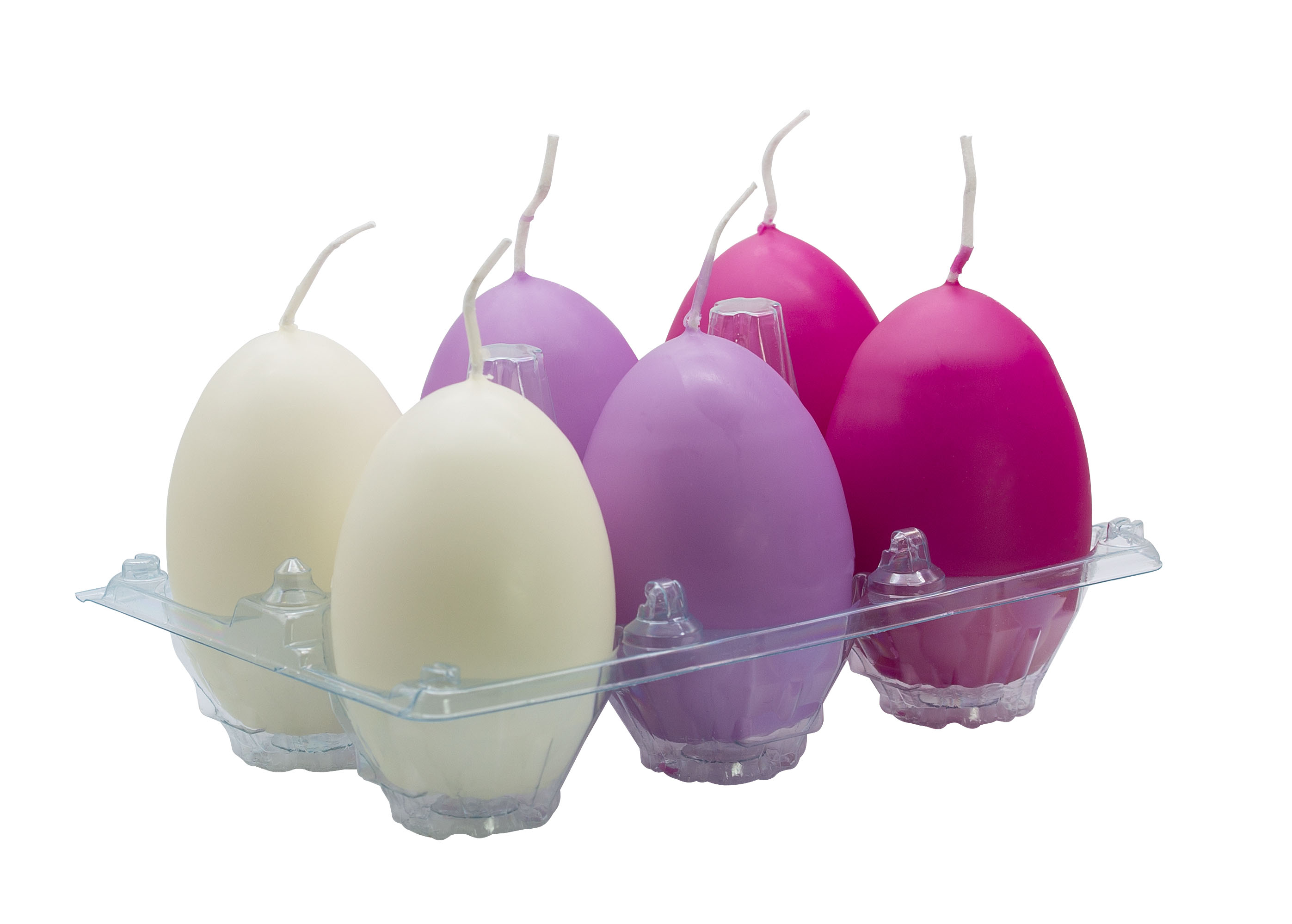 Ostereierkerze, 6er Karton, verschiedene Farben Ø 45 x H 65 flieder, fuchsia, ivory