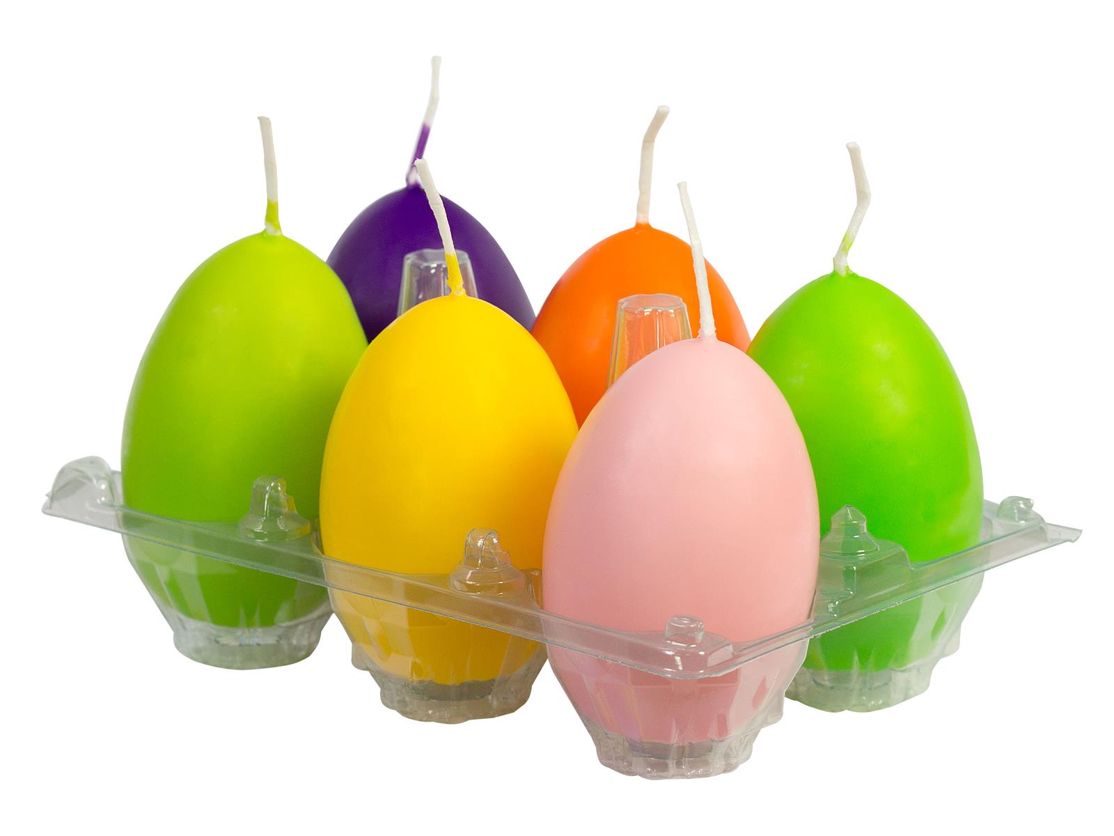 Ostereierkerze, 6er Karton, verschiedene Farben Ø 45 x H 65 gelb, orange, zartrosa, violett, grannygrün, limone