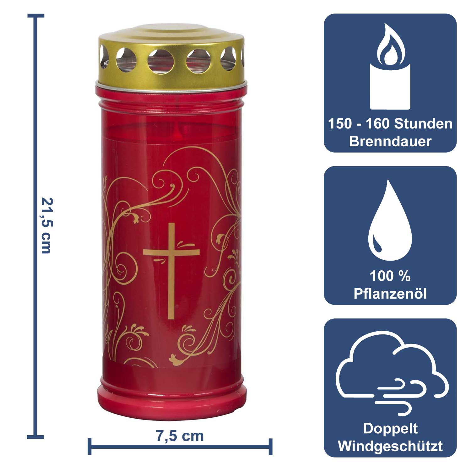 Grabkerze - Gedenkkerze Rot mit "Gold Ornament" Dauerbrenner 7 Tage