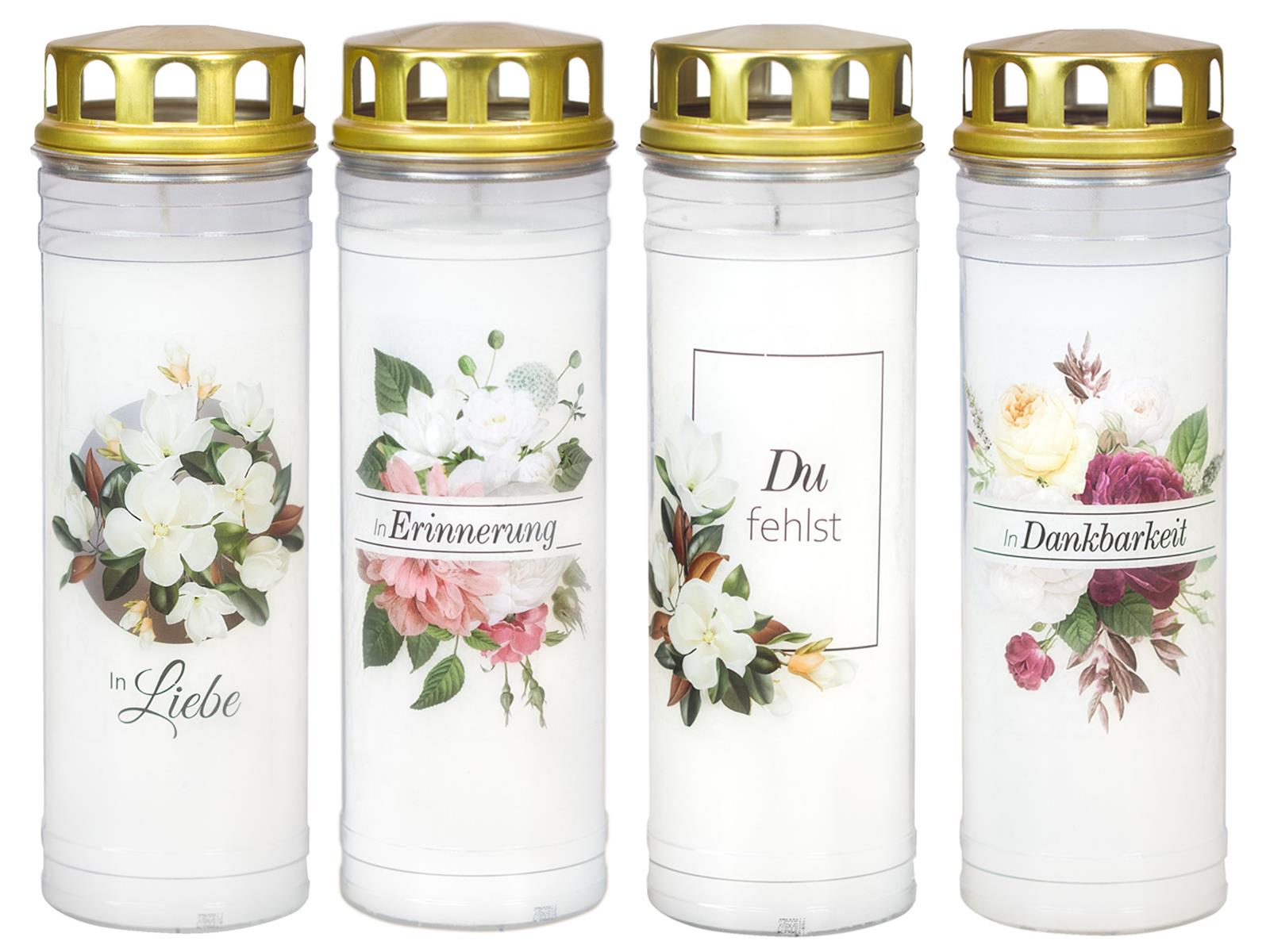 4 Grabkerzen - Ewiglicht - Grablicht - Motivkerze mit floralem Motiv