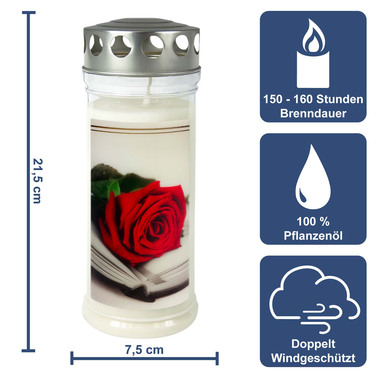 Grabkerze - Gedenkkerze Motiv "Rose/Buch"