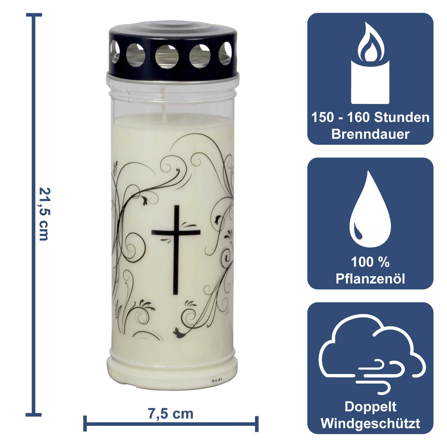 Grabkerze - Gedenkkerze Weiß mit "Black Ornament" Dauerbrenner 7 Tage