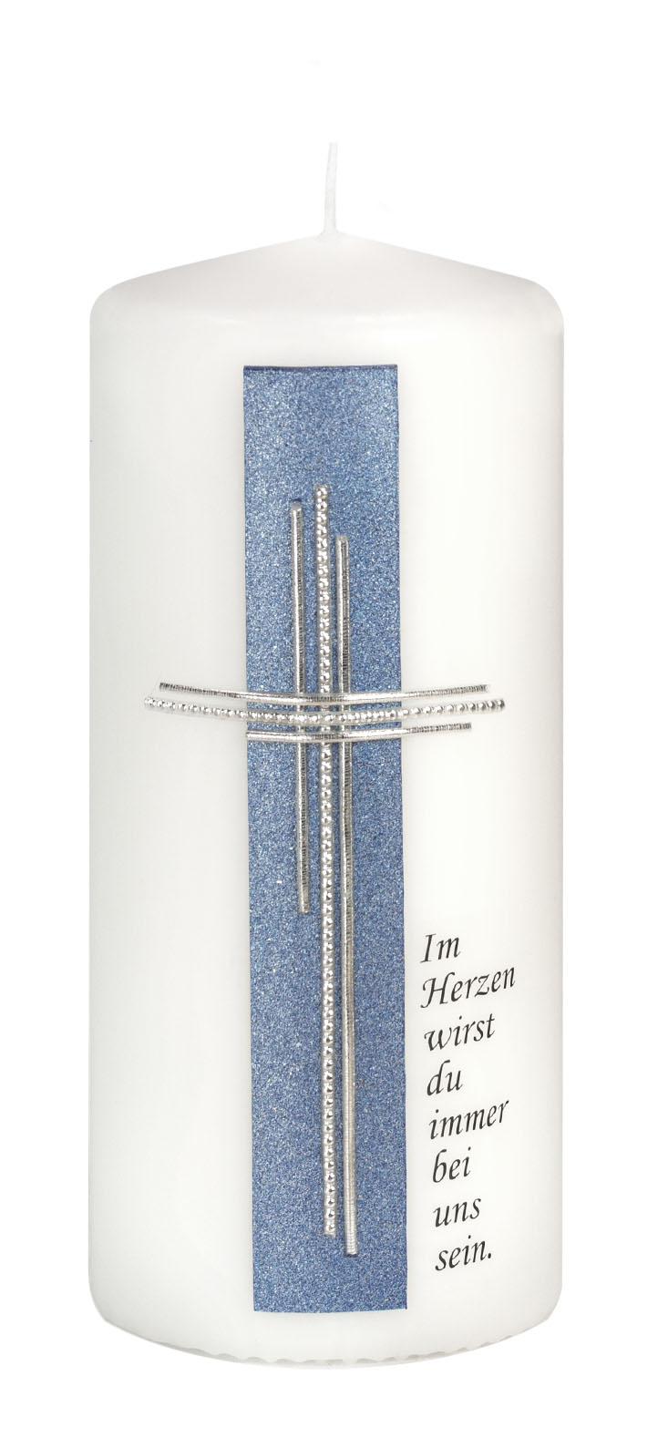Trauerkerze mit blau-silbernem Motiv – „Im Herzen wirst du immer bei uns sein“