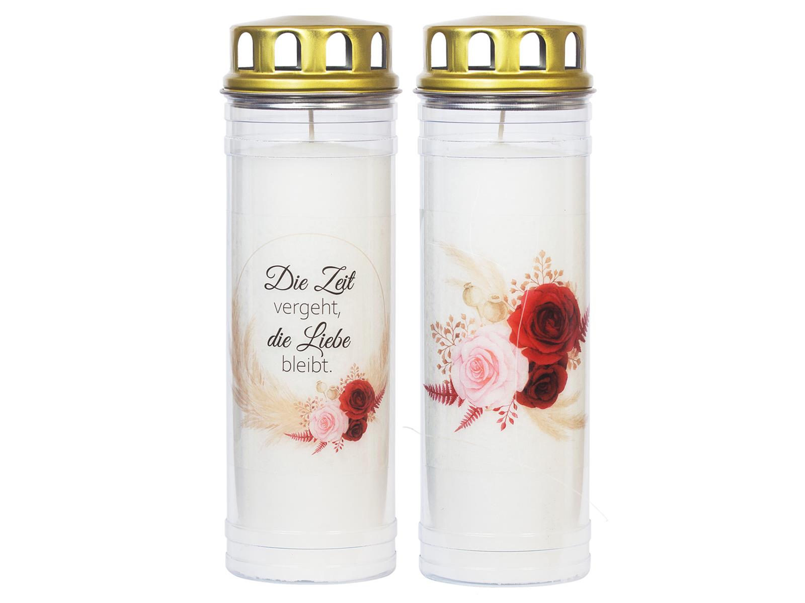 2 Grabkerzen - Ewiglicht - Grablicht - Set Rose Ewiglicht mit Blumenmotiven